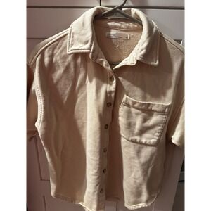 OAK FORT Cream Short Sleeve Button Front Collared Shirt Top XS
